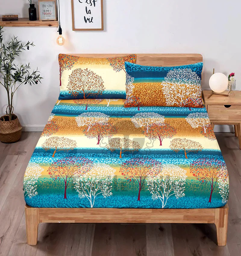 2 Pillow Cotton king Fitted Bed Sheet - Evaluation trees - Bedding Tribe