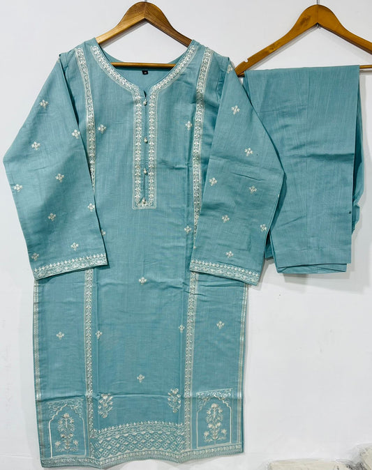 2 Piece Printed Slub Khaddar Embroidered Aqua