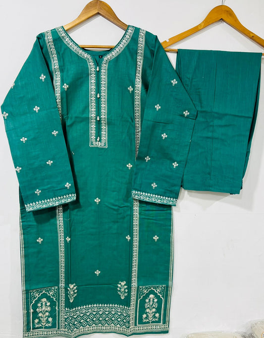 2 Piece Printed Slub Khaddar Embroidered Green