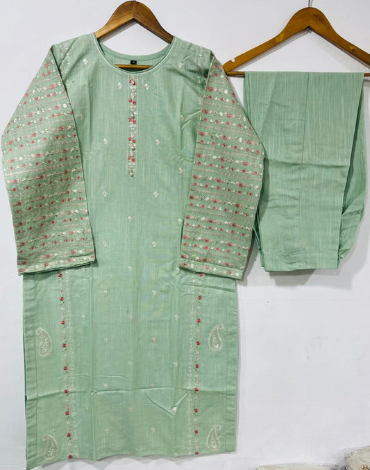 2 Piece Printed Slub Khaddar Embroidered Pista