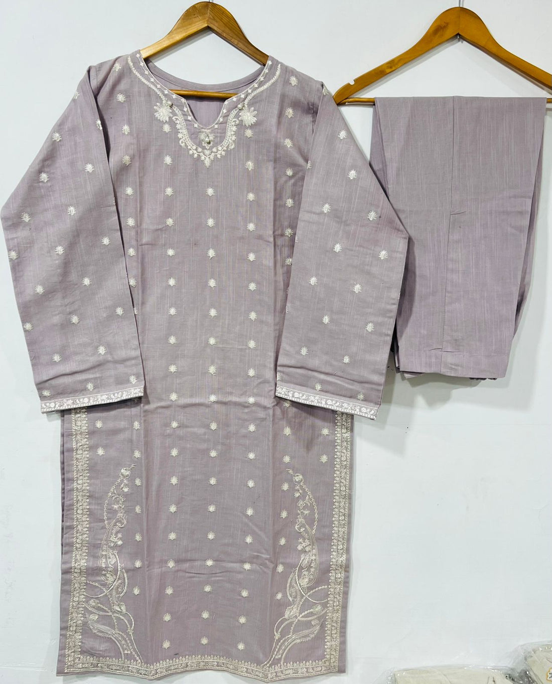 2 Piece Printed Slub Khaddar Embroidered Light Gray - Bedding Tribe