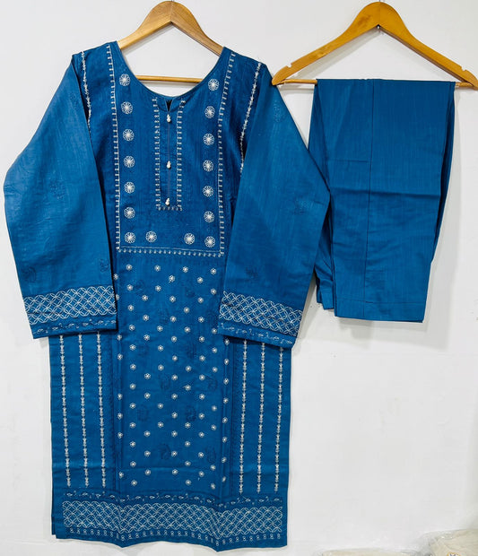 2 Piece Printed Slub Khaddar Embroidered Blue
