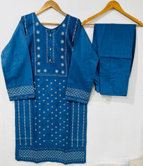 2 Piece Printed Slub Khaddar Embroidered Blue