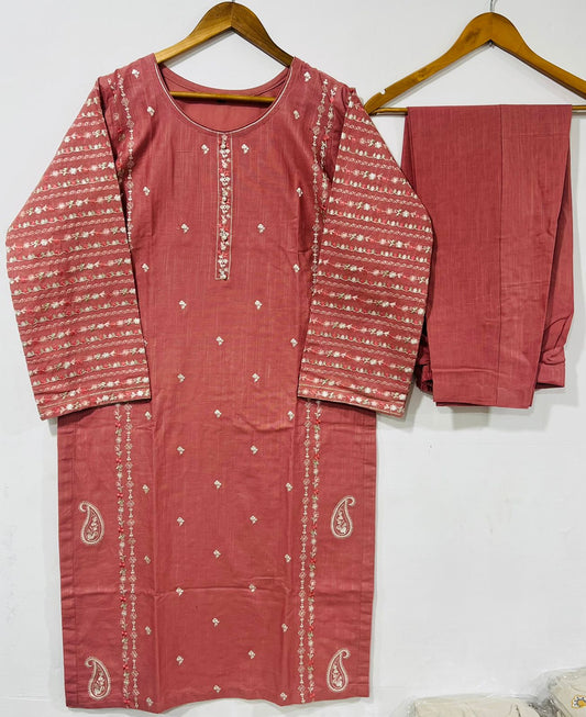 2 Piece Printed Slub Khaddar Embroidered Peach