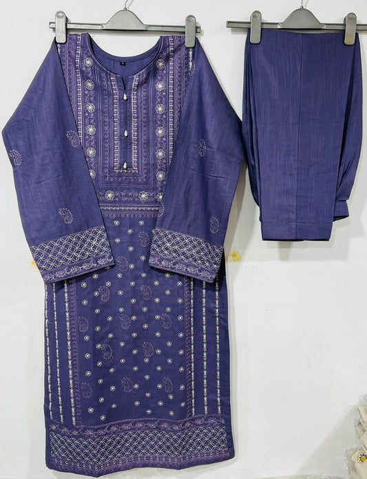2 Piece Printed Slub Khaddar Embroidered Purple