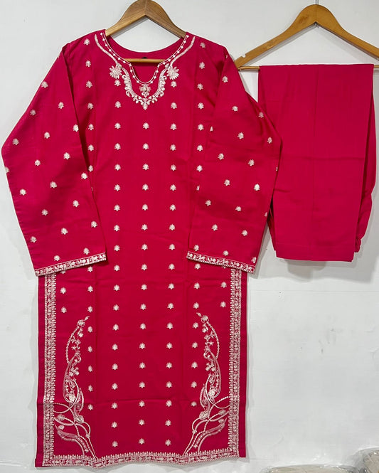 2 Piece Printed Slub Khaddar Embroidered Red