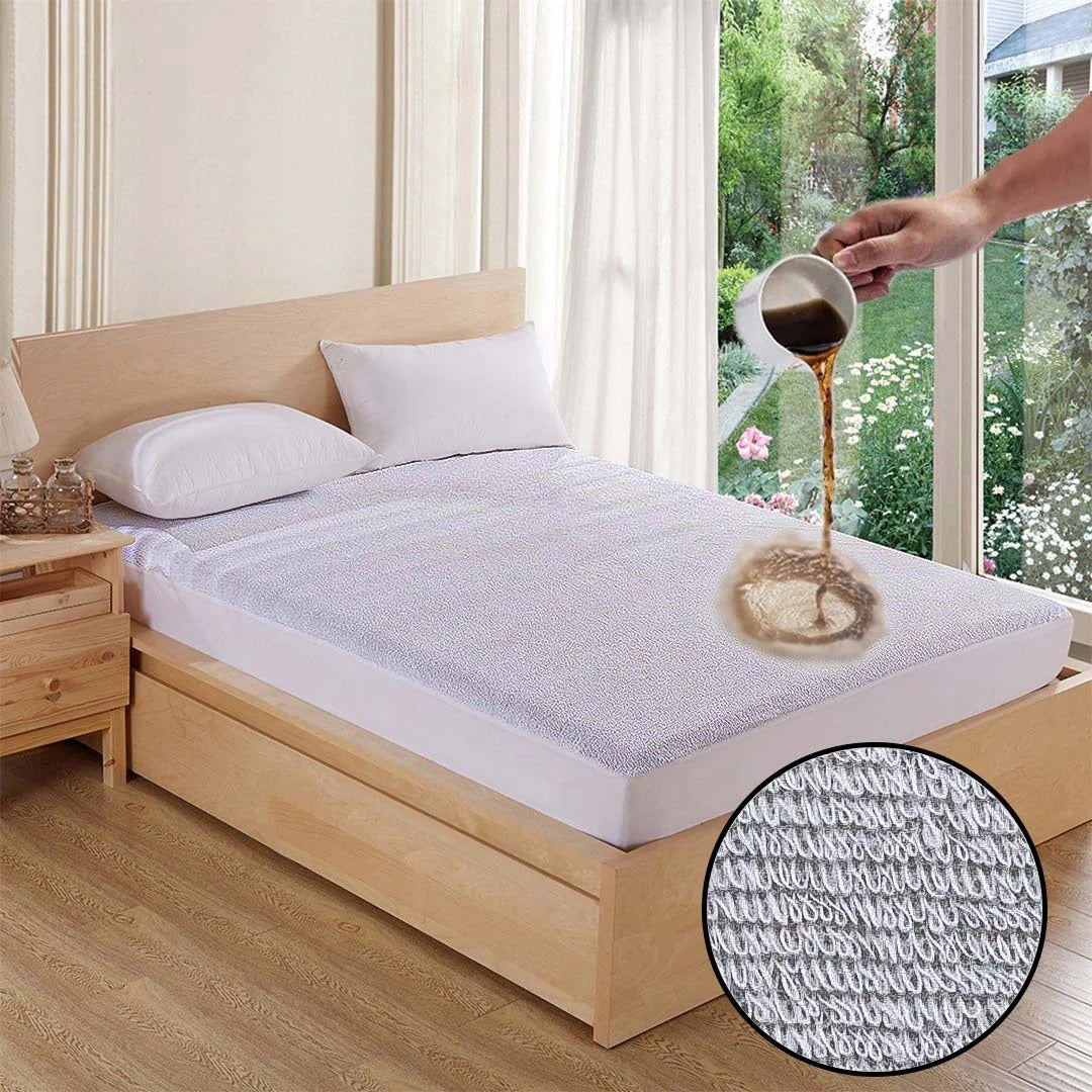 Terry Cotton Waterproof Mattress Protector White Color Fitted Style - Bedding Tribe